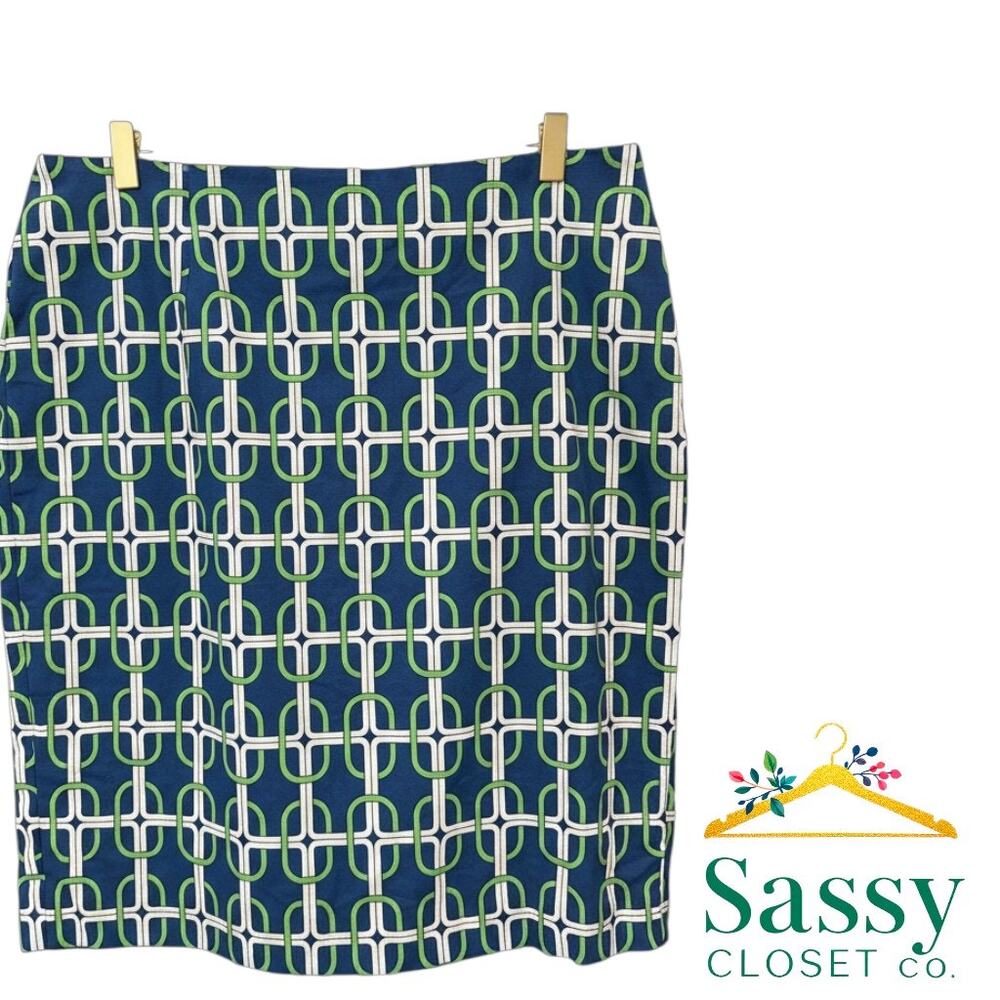 ✨ TALBOTS Navy Geometric Pencil Skirt 6P Cotton Stretch Career Office EUC 💚